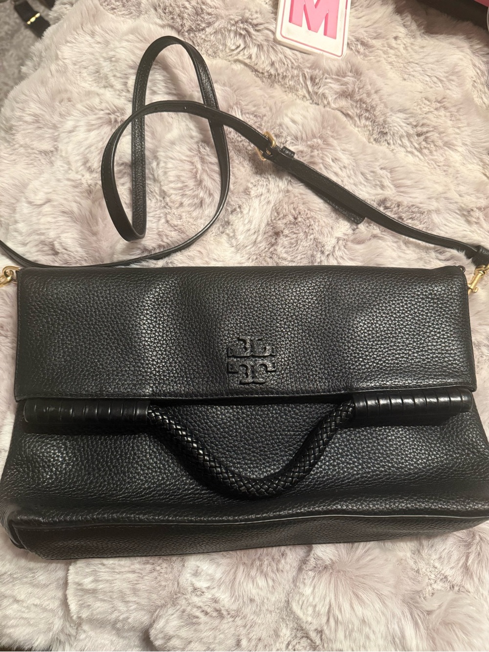 Tory Burch Black Pebbled Leather Fold-Over Crossbody Bag